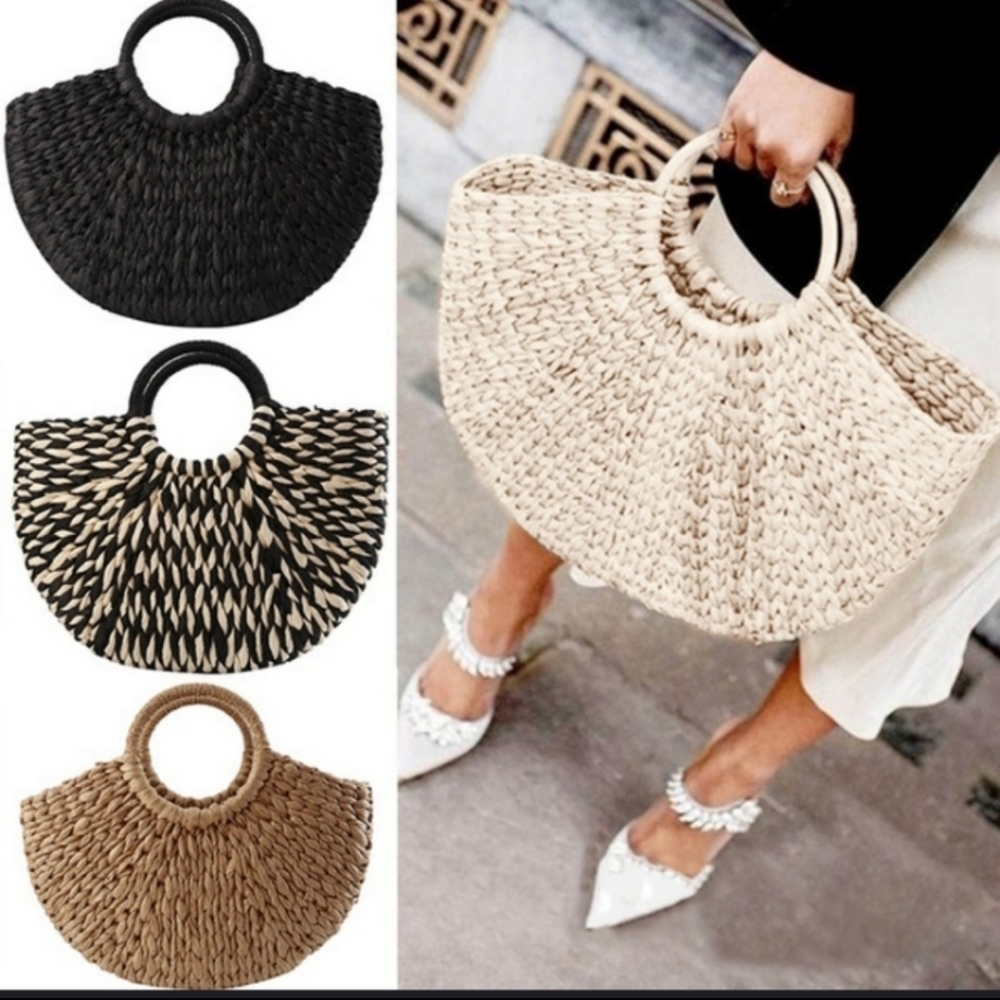 SALE Hand Woven Crochet Straw Rattan Boho Shoulder Tote Bag Circle Multi Colors - Picture 9 of 10